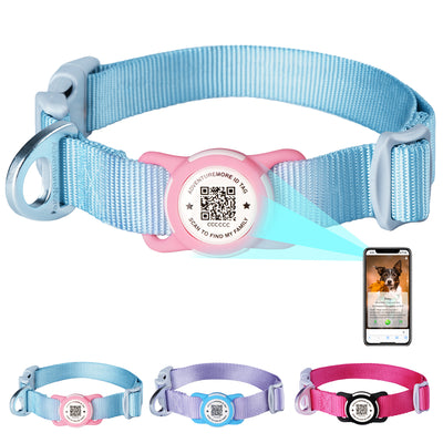ADVENTUREMORE Airtag Dog Collar with Smart ID QR Code Airtags Holder: Prevents Dogs from Getting Lost at Night, Displays Owner and Pet Details. Waterproof, Durable, Adjustable, Thick