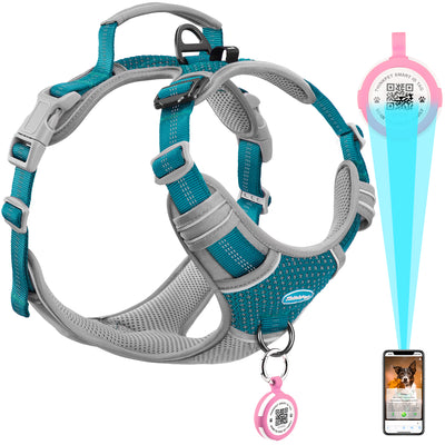 ThinkPet No Pull Harness for Small, Medium, Large Dogs with Airtags Holder Reflective Dog Harnesses with Dog QR Code Smart ID Tag Airtags Holder Harness Back/Front Clip for Easy Control