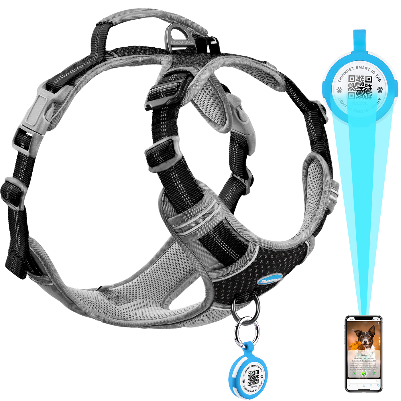 ThinkPet No Pull Harness for Small, Medium, Large Dogs with Airtags Holder Reflective Dog Harnesses with Dog QR Code Smart ID Tag Airtags Holder Harness Back/Front Clip for Easy Control