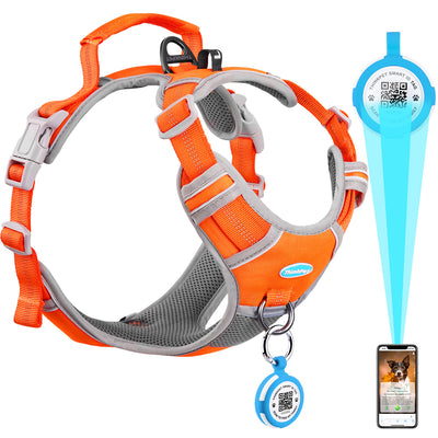 ThinkPet No Pull Harness for Small, Medium, Large Dogs with Airtags Holder Reflective Dog Harnesses with Dog QR Code Smart ID Tag Airtags Holder Harness Back/Front Clip for Easy Control