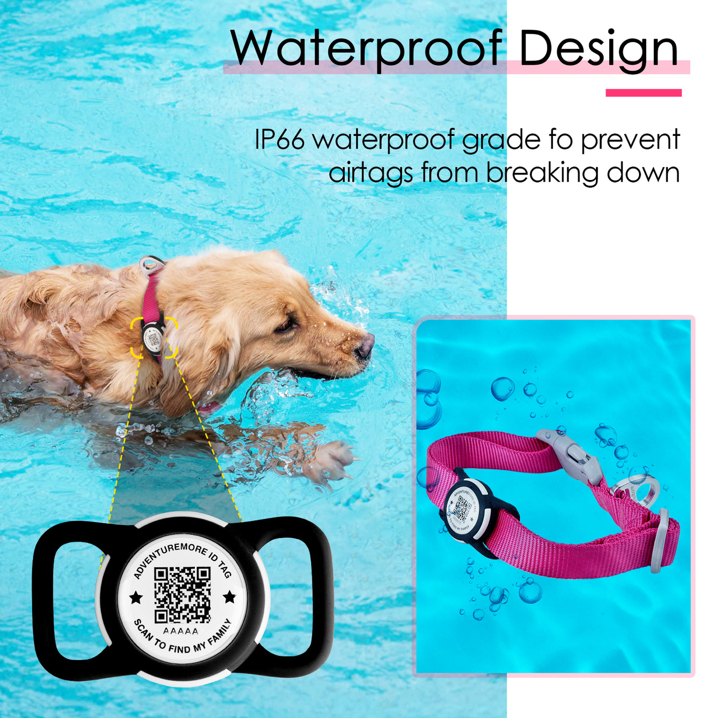 ADVENTUREMORE Airtag Dog Collar with Smart ID QR Code Airtags Holder: Prevents Dogs from Getting Lost at Night, Displays Owner and Pet Details. Waterproof, Durable, Adjustable, Thick