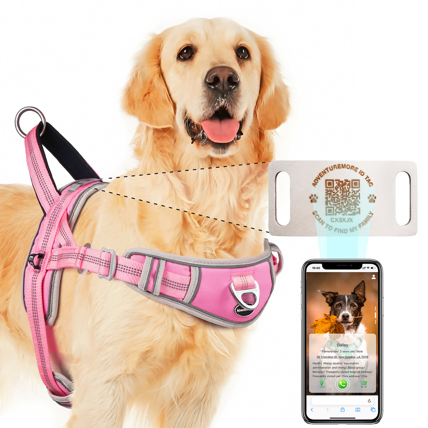 ADVENTUREMORE Dog Harness for Large Dogs No Pull with QR Code Dog Tag, Adjustable Reflective Breathable Dog Vest Harness with Easy Control Front Clip Handle for Training Walking