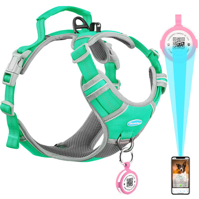 ThinkPet No Pull Harness for Small, Medium, Large Dogs with Airtags Holder Reflective Dog Harnesses with Dog QR Code Smart ID Tag Airtags Holder Harness Back/Front Clip for Easy Control