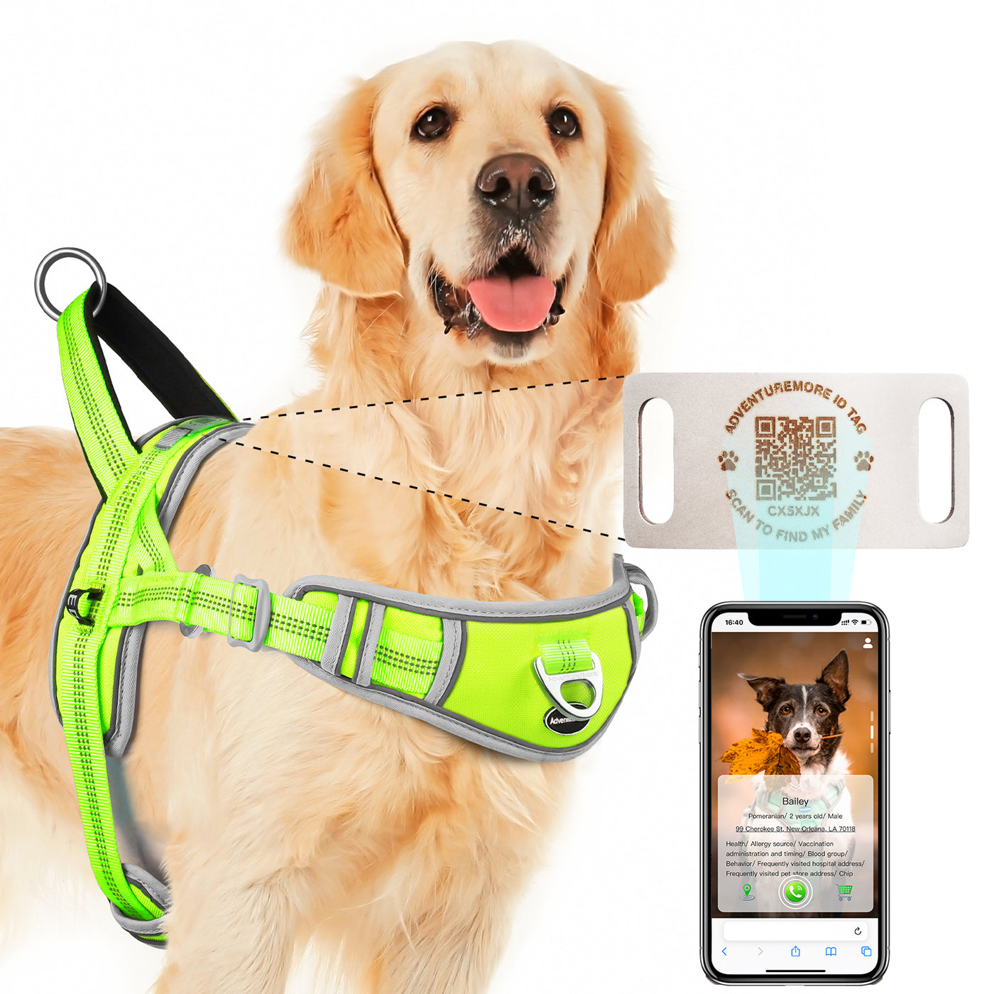 ADVENTUREMORE Dog Harness for Large Dogs No Pull with QR Code Dog Tag, Adjustable Reflective Breathable Dog Vest Harness with Easy Control Front Clip Handle for Training Walking