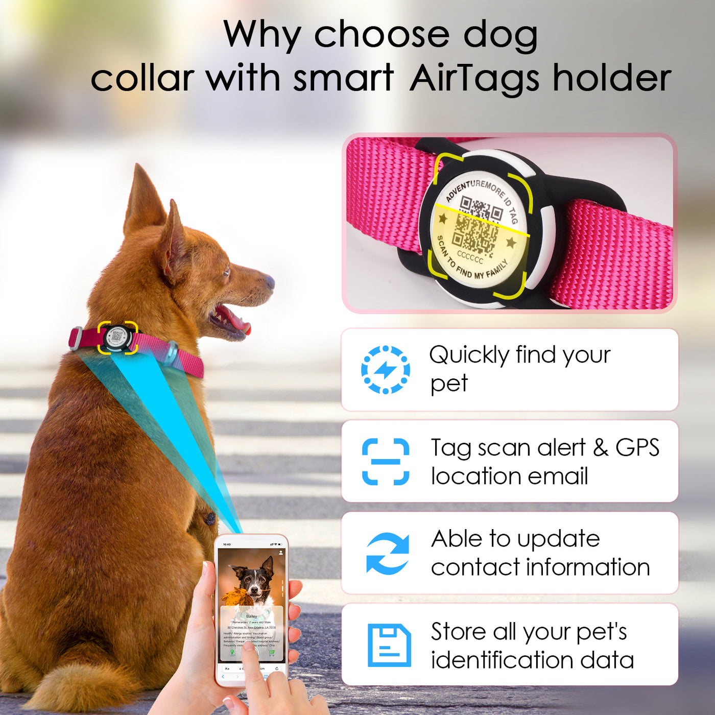 ADVENTUREMORE Airtag Dog Collar with Smart ID QR Code Airtags Holder: Prevents Dogs from Getting Lost at Night, Displays Owner and Pet Details. Waterproof, Durable, Adjustable, Thick