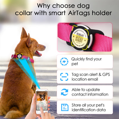 ADVENTUREMORE Airtag Dog Collar with Smart ID QR Code Airtags Holder: Prevents Dogs from Getting Lost at Night, Displays Owner and Pet Details. Waterproof, Durable, Adjustable, Thick