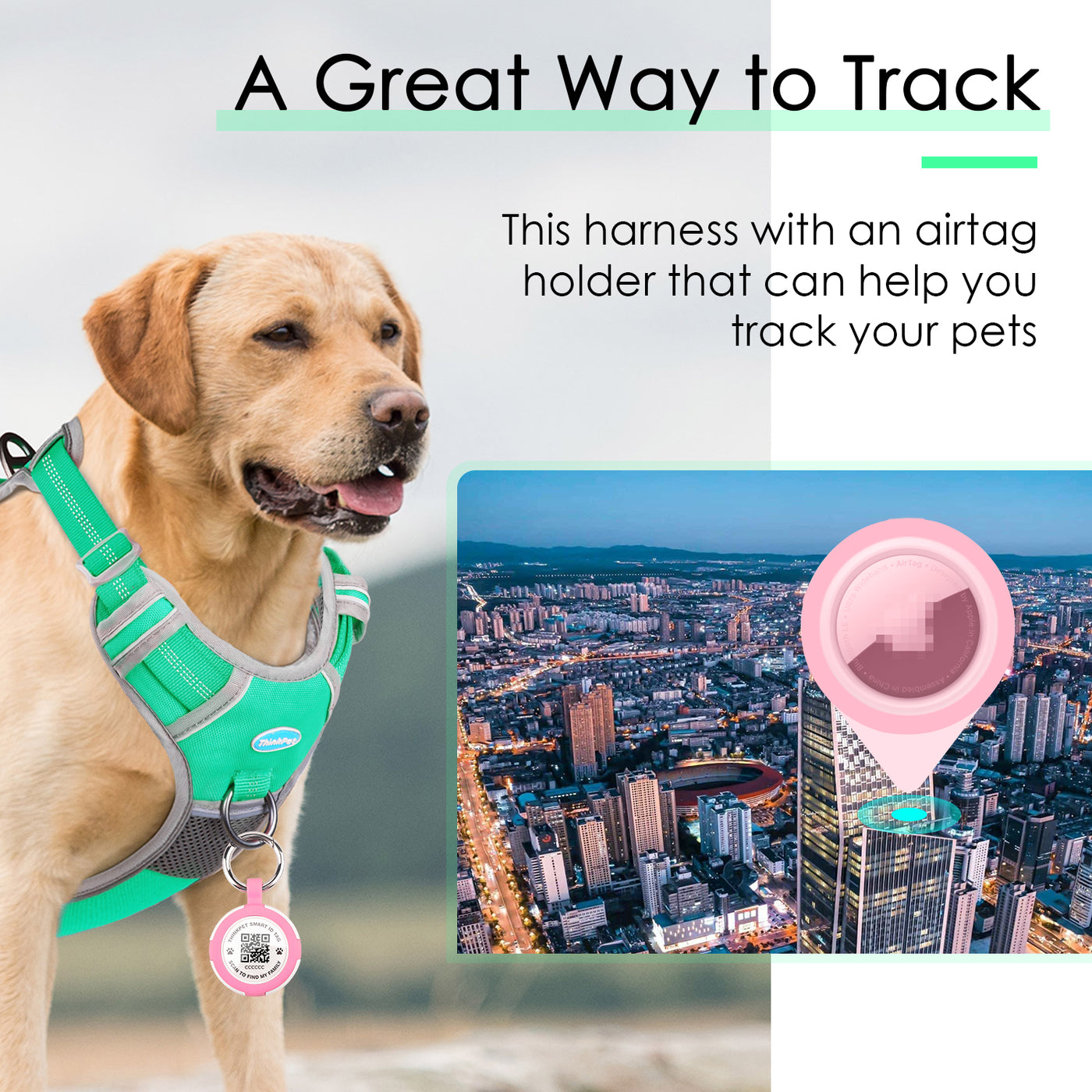 ThinkPet No Pull Harness for Small, Medium, Large Dogs with Airtags Holder Reflective Dog Harnesses with Dog QR Code Smart ID Tag Airtags Holder Harness Back/Front Clip for Easy Control