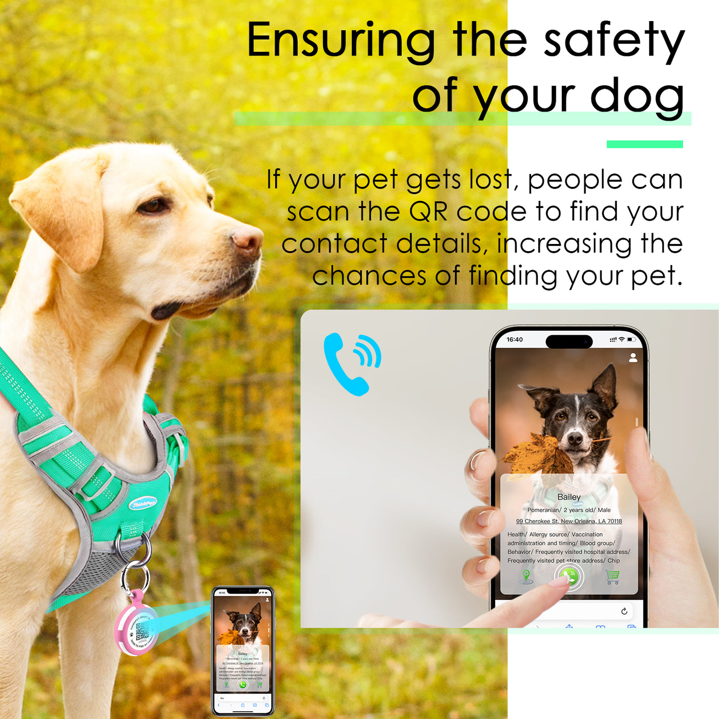 ThinkPet No Pull Harness for Small, Medium, Large Dogs with Airtags Holder Reflective Dog Harnesses with Dog QR Code Smart ID Tag Airtags Holder Harness Back/Front Clip for Easy Control