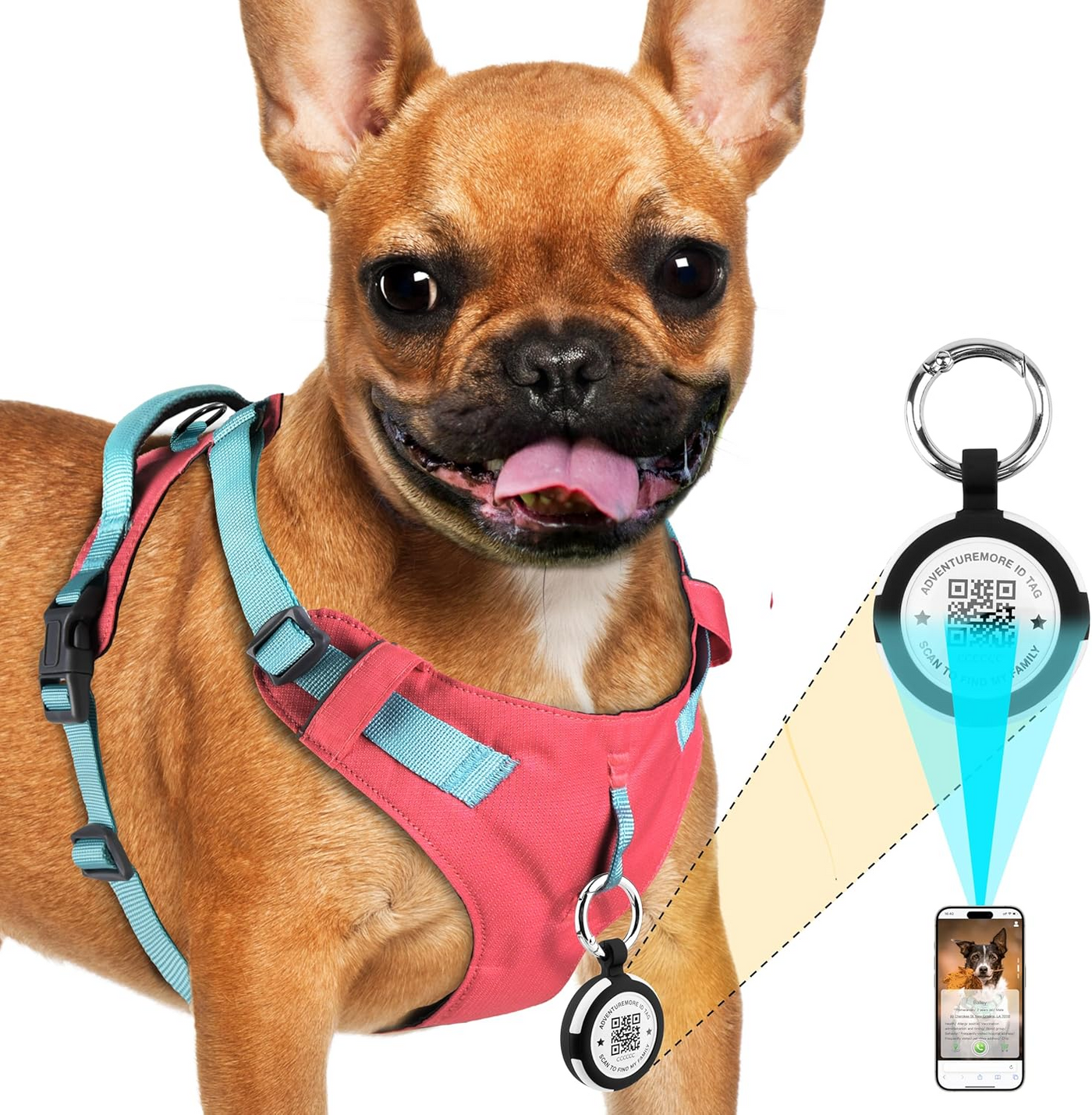 AdventureMore Lightweight Dog Harness with QR Code Smart Pet ID Code AirTag Holder Breathable Escape Proof Vest Harness for Puppy Small Medium Dogs and Cats Easy to Put On and Control