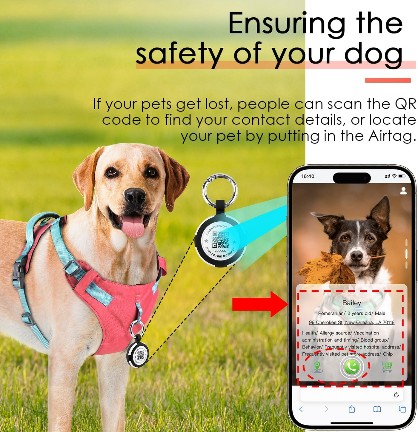 AdventureMore Lightweight Dog Harness with QR Code Smart Pet ID Code AirTag Holder Breathable Escape Proof Vest Harness for Puppy Small Medium Dogs and Cats Easy to Put On and Control
